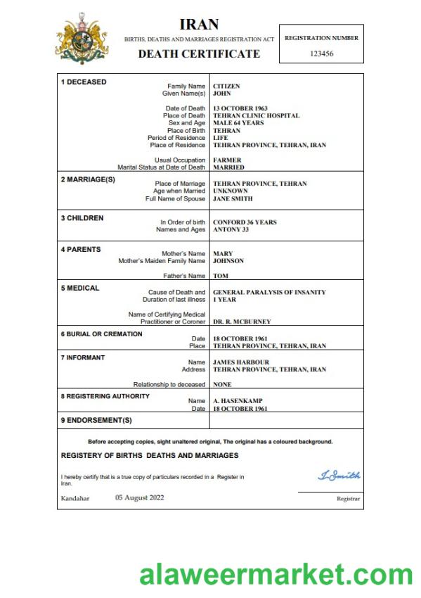 Iran death certificate Word and PDF template